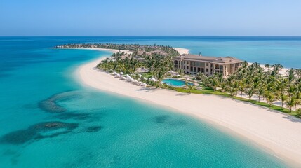 Aerial view of a luxurious beach resort with white sand and turquoise waters.