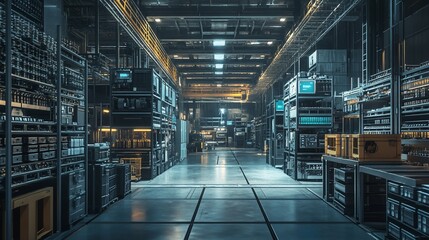 Obraz premium Futuristic data center interior with server racks and equipment.