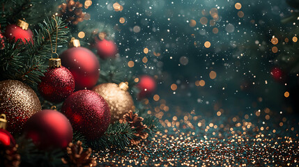 Festive Christmas Ornaments and Sparkling Glitter Background