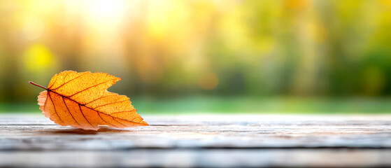Obraz premium Single orange leaf rests on a wooden surface, illuminated by soft natural light.