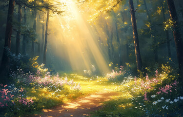 Obraz premium Serene forest clearing bathed in golden sunlight with vibrant wildflowers and tall trees, creating a tranquil and idyllic natural scene.