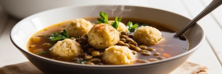 A steaming bowl of Jewish matzo ball soup with lentils and carrots in a flavorful broth, garnished with parsley
