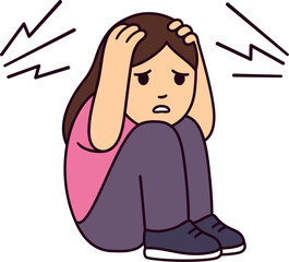 Scared girl sitting on the floor curled up and covering head. Simple cartoon drawing, vector clip art illustration.