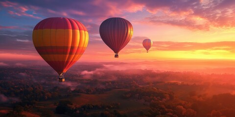 Obraz premium Colorful hot air balloons soar over a stunning desert landscape at sunset. created by ai