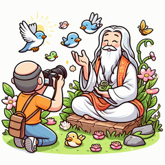 Naklejka premium Man in meditation and photographer