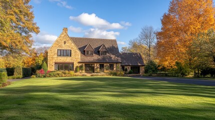 A picturesque stone house surrounded by autumn foliage and a well-maintained lawn.