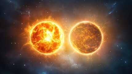 Obraz premium A vibrant depiction of two suns glowing in a cosmic space, showcasing their fiery surfaces and surrounding stars.