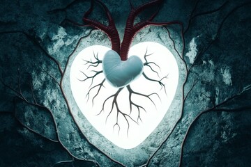 Atrium and aorta depicted in a dark gothic anatomical illustration, surrounded by shadowy veins and eerie lighting