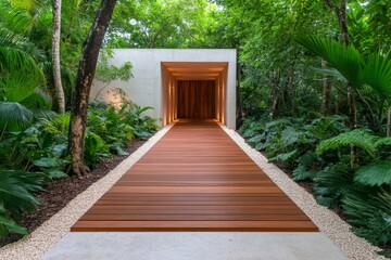 Brazilian modernist architecture of a sweeping concrete structure surrounded by lush tropical plants