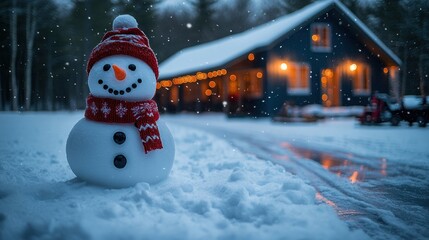 Obraz premium A snowman stands in the snowy yard of a cozy cabin with lights on.
