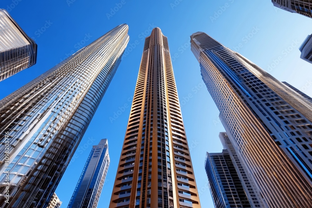 Poster Digital 3D rendering of a futuristic skyscraper, with dynamic lighting and intricate metallic textures