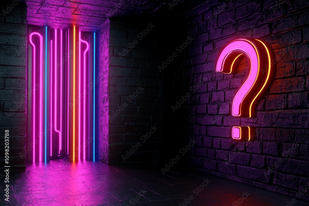 Aufkleber Digital 3D rendering of a question mark emerging from a vibrant, futuristic interface with colorful light trails