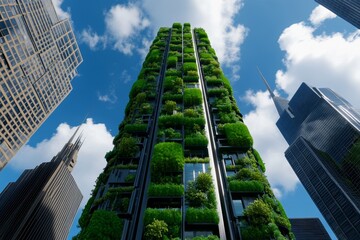 Fototapeta premium Digital 3D visualization of a conceptual eco-friendly building, covered in vertical gardens and renewable energy systems