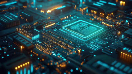 Obraz premium Intricate Close-Up of a Modern Circuit Board with Glowing Components and LED Lights, Perfect for Illustrating Technology and Innovation Concepts
