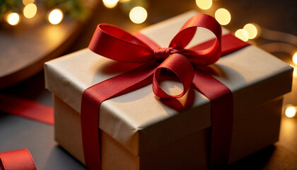 Wrapped Gift Box with Red Ribbon in Festive Setting