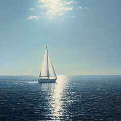 Obraz premium Serene Sailboat Gliding Over Sparkling Blue Ocean Under Bright Sunlight with Gentle Clouds in the Clear Sky