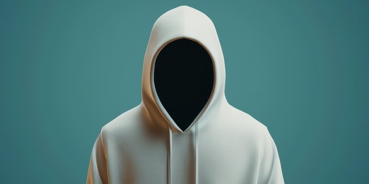 antitracking security concept. A faceless figure in a white hoodie stands against a turquoise background, creating an eerie, mysterious atmosphere.