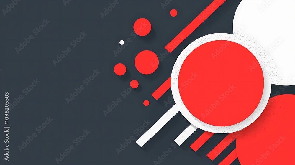 Poster abstract composition featuring a series of vibrant red lines and circles arranged dynamically on a d