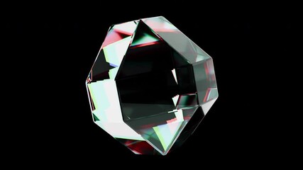 3d glass iridescent gem crystal shape with refraction and holographic effect isolated on black background. Render dispersion light. Looping 3d animation