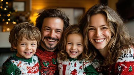 A cheerful family enjoys holiday moments together, wearing matching festive sweaters and laughing near a decorated Christmas tree.
