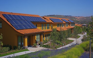 Naklejka premium An ecofriendly solar panel installation on a residential roof by an engineer, clear skies, sunny day, sustainable energy, modern home design, hightech tools