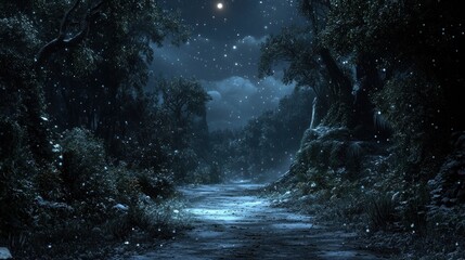 Obraz premium A snowy path winds through a dark forest under a starry sky.