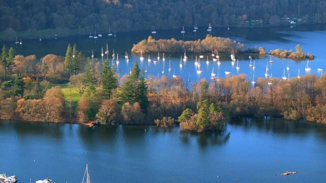 Autumnal aerial video of Wendemire lake in Cumbria - United Kingdom. 