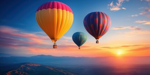 Fototapeta premium Colorful hot air balloons soar over a stunning desert landscape at sunset. created by ai