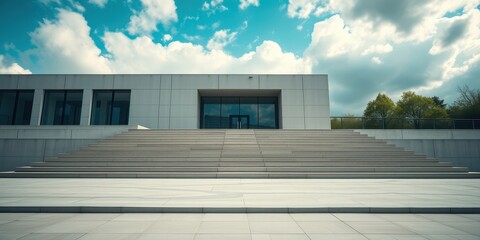 A Modern Concrete Building with a Wide Set of Steps Leading to a Glass Door Entrance
