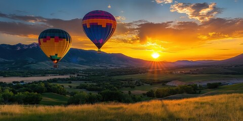 Obraz premium Colorful hot air balloons soar over a stunning desert landscape at sunset. created by ai