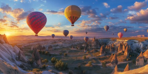 Obraz premium Colorful hot air balloons soar over a stunning desert landscape at sunset. created by ai