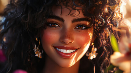 Fototapeta premium Close-up portrait of a beautiful smiling young woman with curly hair, freckles, and flower-shaped earrings, enjoying a sunny day