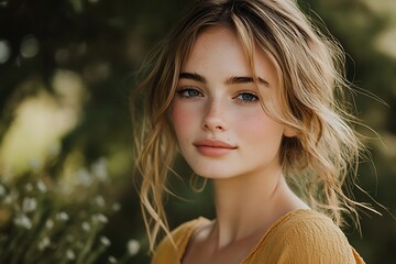 Naklejka premium Freckled Blonde in Summer Peaceful, Elegant Lifestyle Photo