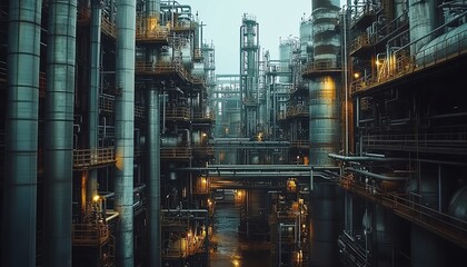 Fototapeta premium Industrial oil refinery pipeline, network of steel pipes and equipment, refinery machinery, oil production process, complex factory infrastructure