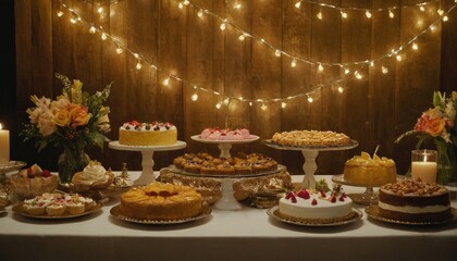 Fototapeta premium A festive spread of exotic desserts, cakes, and pastries arranged on a lavishly decorated table, surrounded by glowing string lights