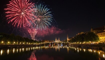 A festive cityscape illuminated by colorful fireworks over a serene river, reflecting the brilliance of the lights in the water at dusk