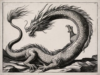 hand drawn dragon, old engraving.