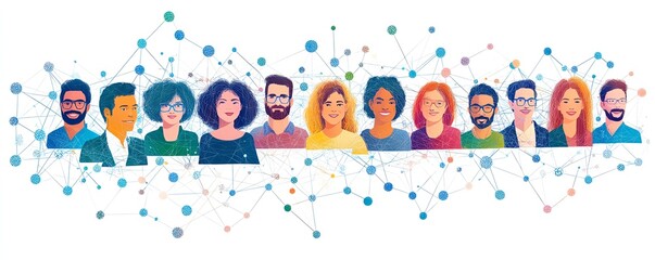 Obraz premium Large global network of people digitally connected, diverse group, social interaction, technologydriven communication, teamwork, professional connections