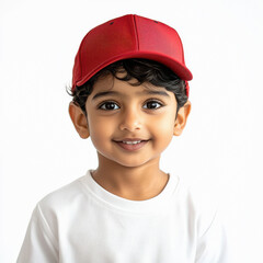 Indian boy wearing a baseball jersey and a red duckbill cap, in a studio with a white background