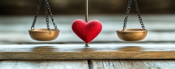 Married couple and heart on judicial scales, concept of divorce and law, emotional and legal balance, family court, symbolic representation of marriage conflict
