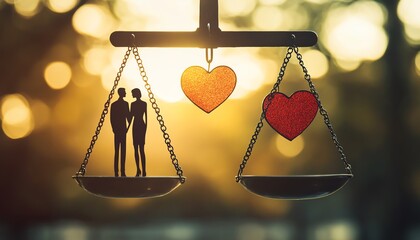 Married couple with heart on judicial scales, concept of divorce and law, legal symbol of marriage, emotional balance, courtroom setting, family law