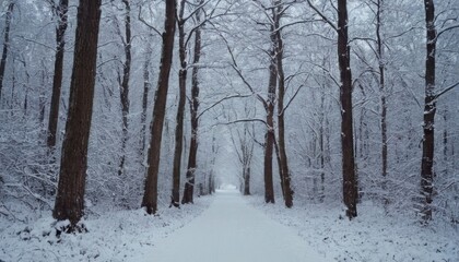 Fototapeta premium A magical winter forest with a snow-covered path, towering trees, and a sense of peace and tranquility.