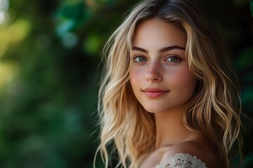 Naklejka premium Freckled Woman Dreamy Portrait, Brown Eyes, Effortless Style