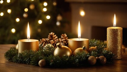 Classic Christmas scene with pine branches, golden baubles, and warm candlelight creating a magical ambiance.