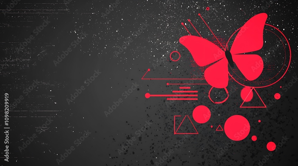 Poster Abstract Composition of Overlapping Red Circular Shapes and Butterfly on a Dark Background with Textured Elements for Modern Art and Design Concepts