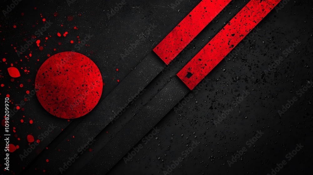 Poster abstract composition featuring overlapping red circular and rectangular shapes on a dark textured ba