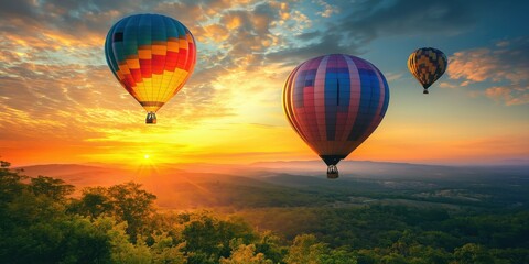 Obraz premium Colorful hot air balloons soar over a stunning desert landscape at sunset. created by ai