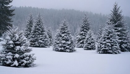 Fototapeta premium A field of snow-covered Christmas trees, with a gentle breeze causing the bells on their branches to softly chime.