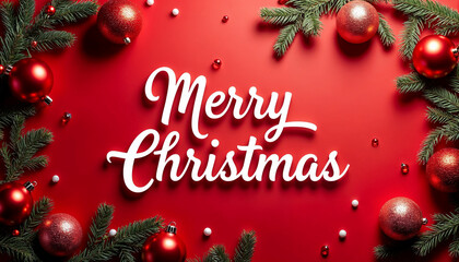 Merry Christmas Banner with Festive Decorations on Red Background