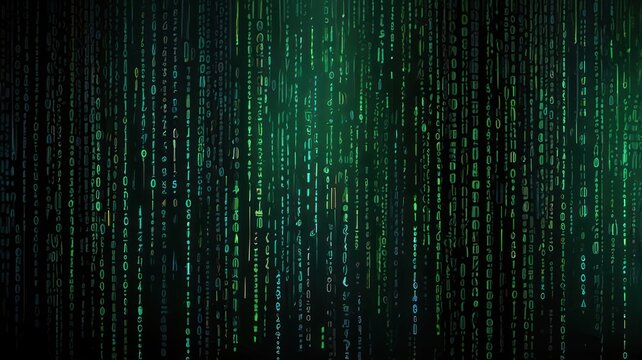 Abstract green digital rain of binary code falling on black background.